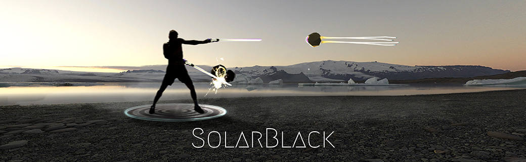 here you can see the hero art of SolarBlack. A man standing on a plaform slicing and shooting incoming targets
