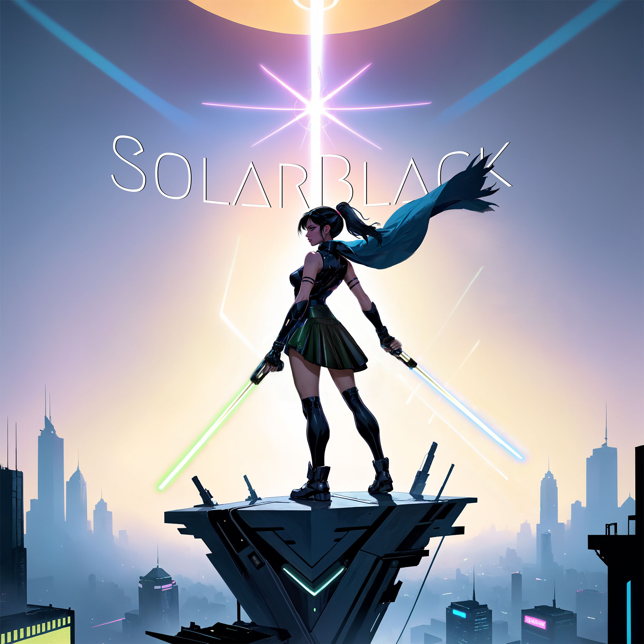 here you can see the hero art of SolarBlack. A man standing on a plaform slicing and shooting incoming targets